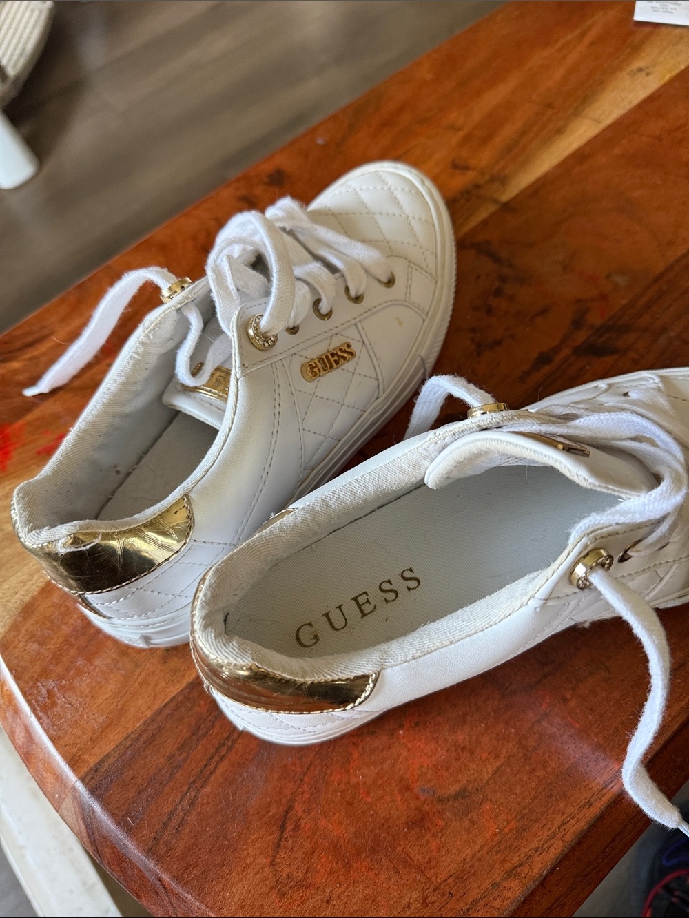 GUESS White Quilted Lace-Up Sneakers with Gold Heel Accents